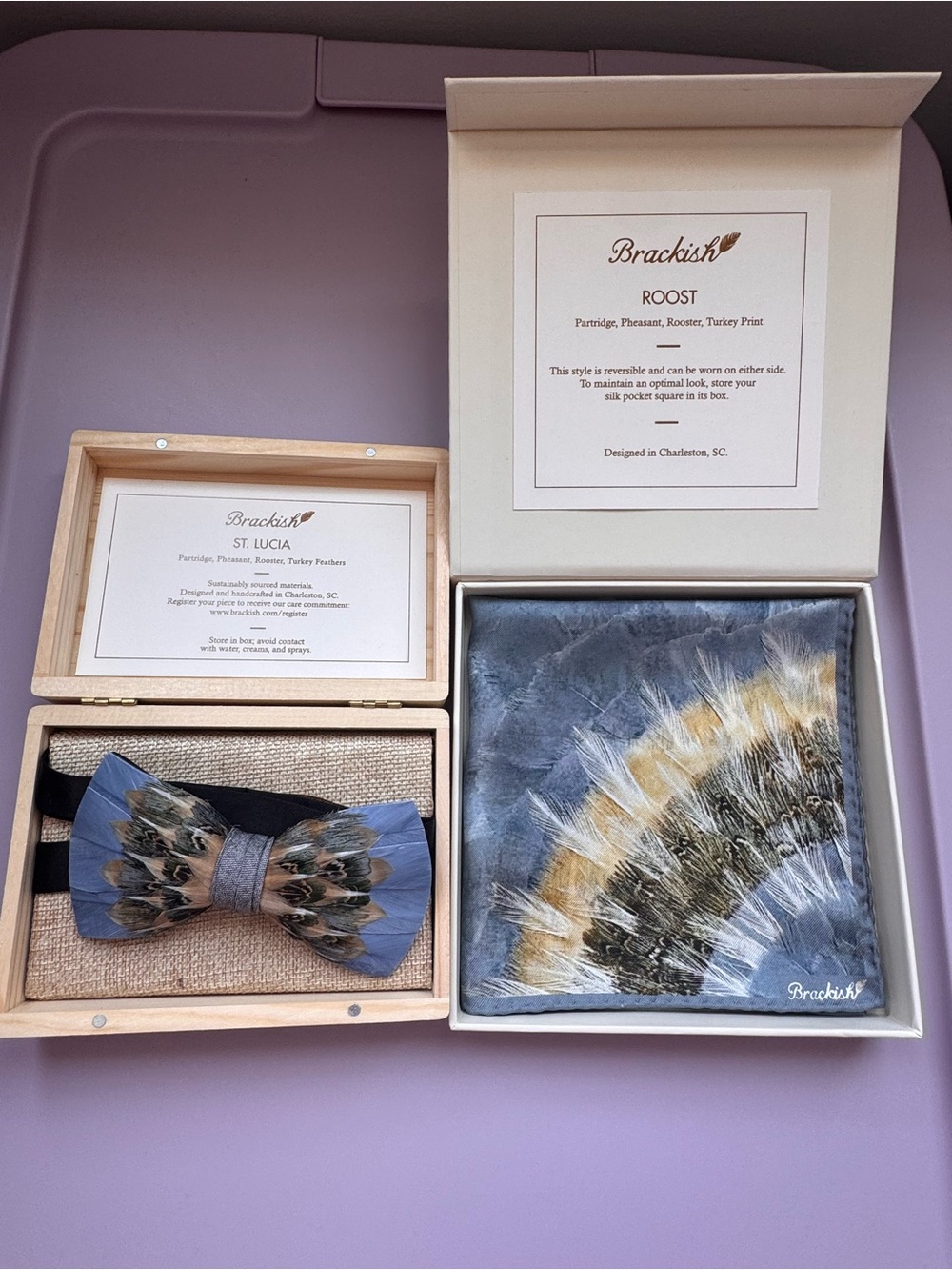 Brackish St. Lucia Feather Bow Tie &‎ Roost Pocket Square Set